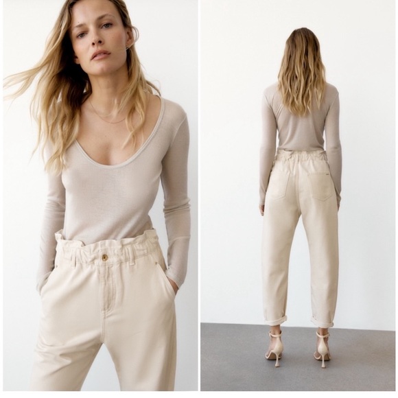 ZARA Paper Bag Barrel Pants in Cream Denim - Picture 3 of 12